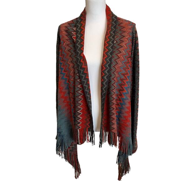 Maurices Aztec Cardigan XL Rust Blue Fringe Cascade Open Boho Sweater Duster - Picture 1 of 10